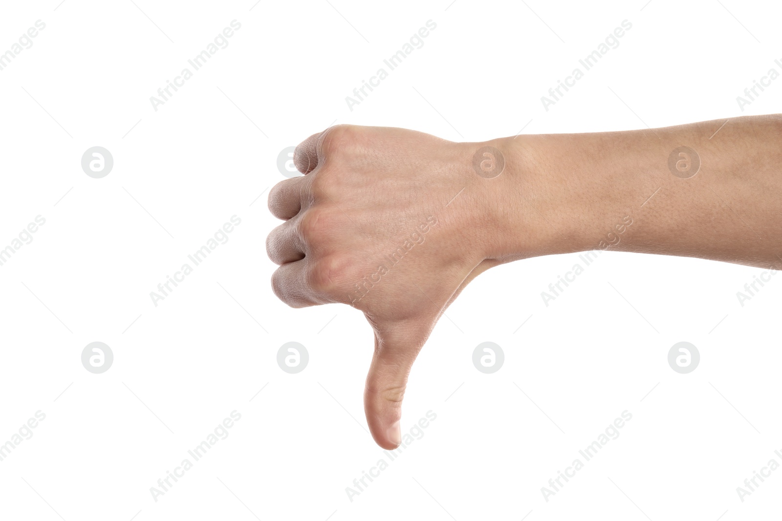 Photo of Man showing thumb down sign on white background, closeup. Body language