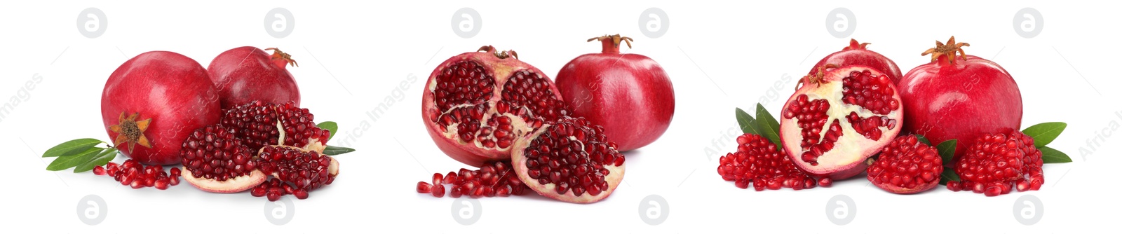 Image of Set with tasty ripe pomegranates on white background. Banner design