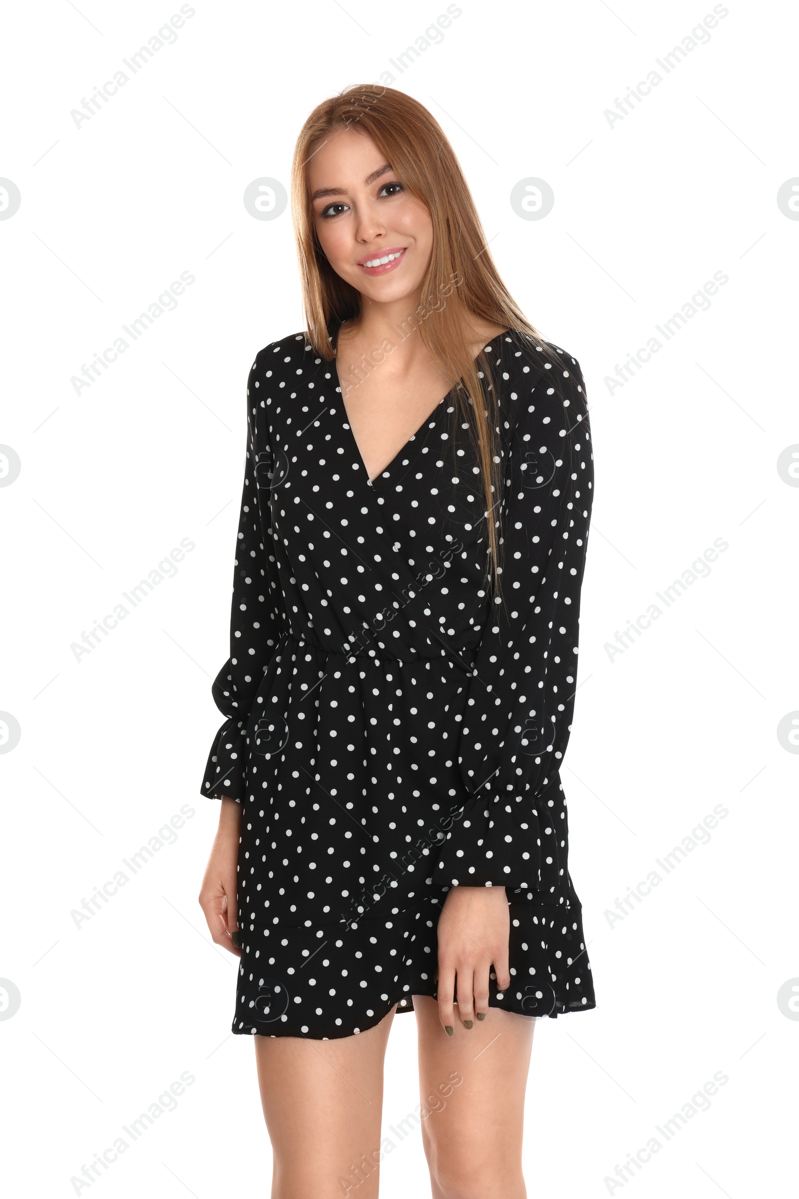 Photo of Teenage girl wearing dress on white background