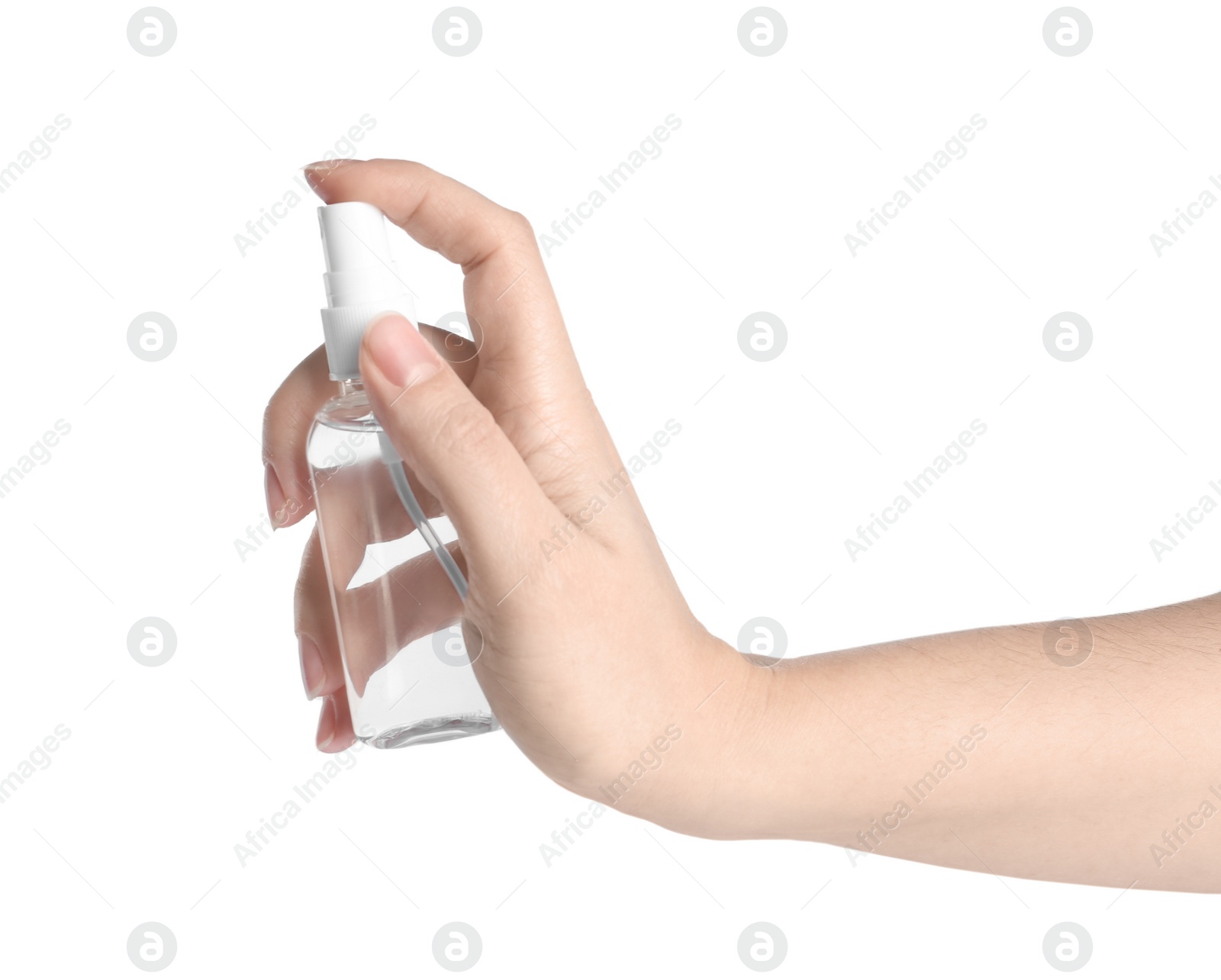 Photo of Woman holding antiseptic spray on white background, closeup