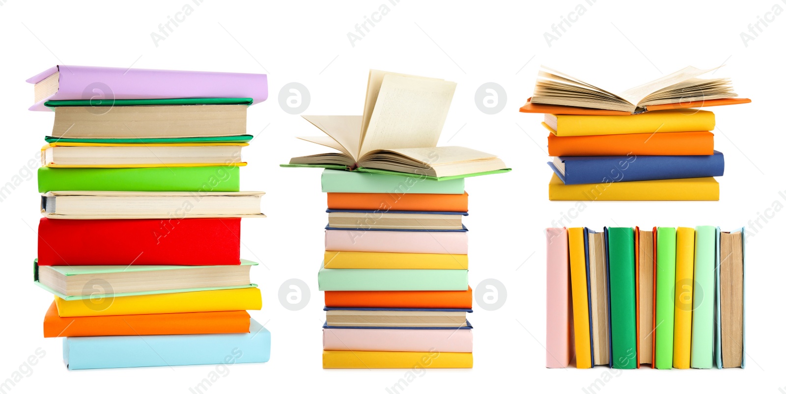 Image of Set of different bright hardcover books on white background