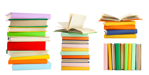 Image of Set of different bright hardcover books on white background