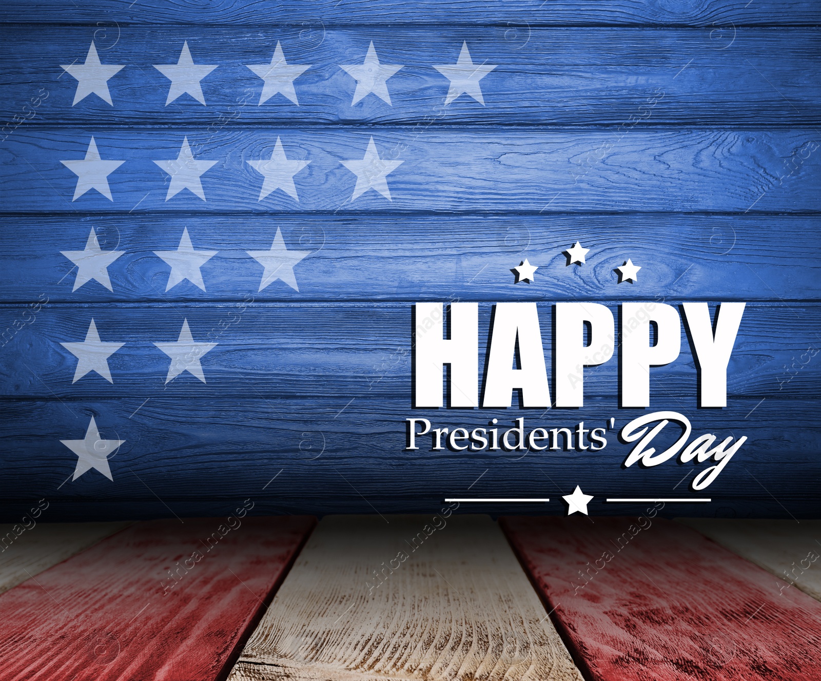 Image of Happy President's Day - federal holiday. Wooden surfaces decorated in style of American flag