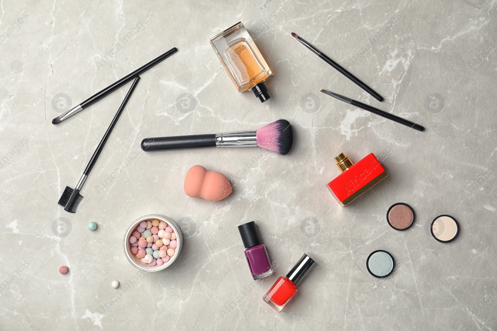 Photo of Flat lay composition with cosmetic products on grey background