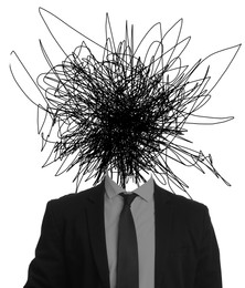 Image of Creative artwork. Mess in head. Man with doodles instead of head on white background