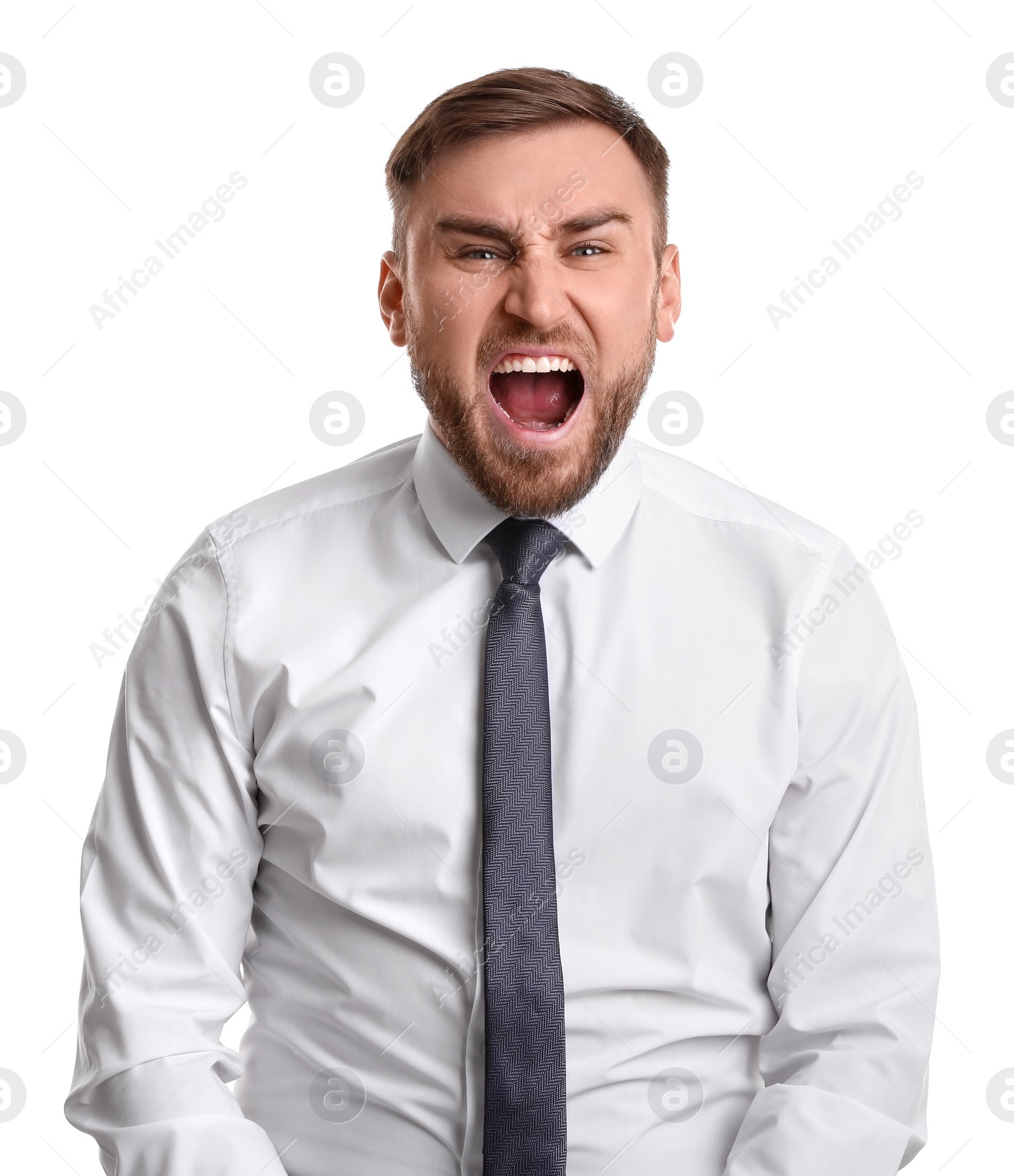Photo of Portrait of emotional businessman on white background. Personality concept
