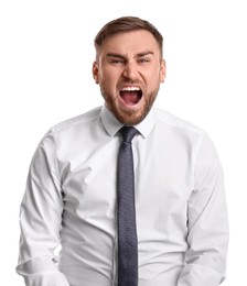 Photo of Portrait of emotional businessman on white background. Personality concept