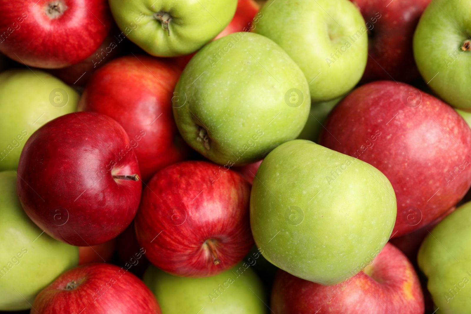 Photo of Ripe red and green apples as background, top view