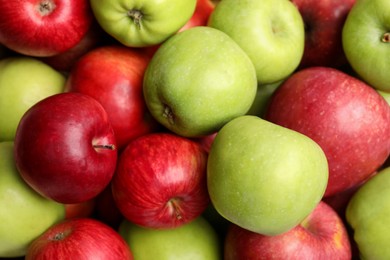 Photo of Ripe red and green apples as background, top view
