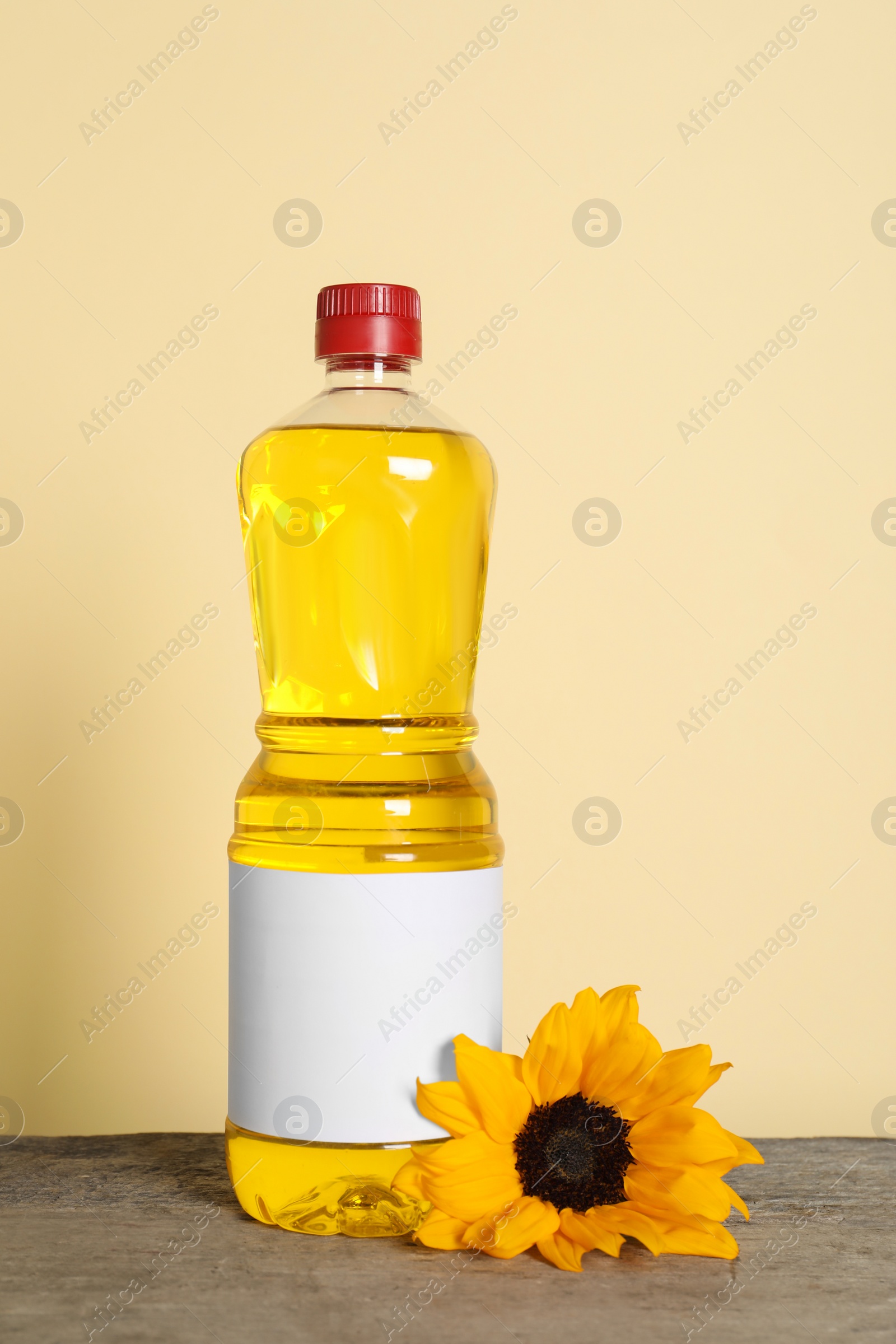 Photo of Bottle of cooking oil and sunflower on wooden table