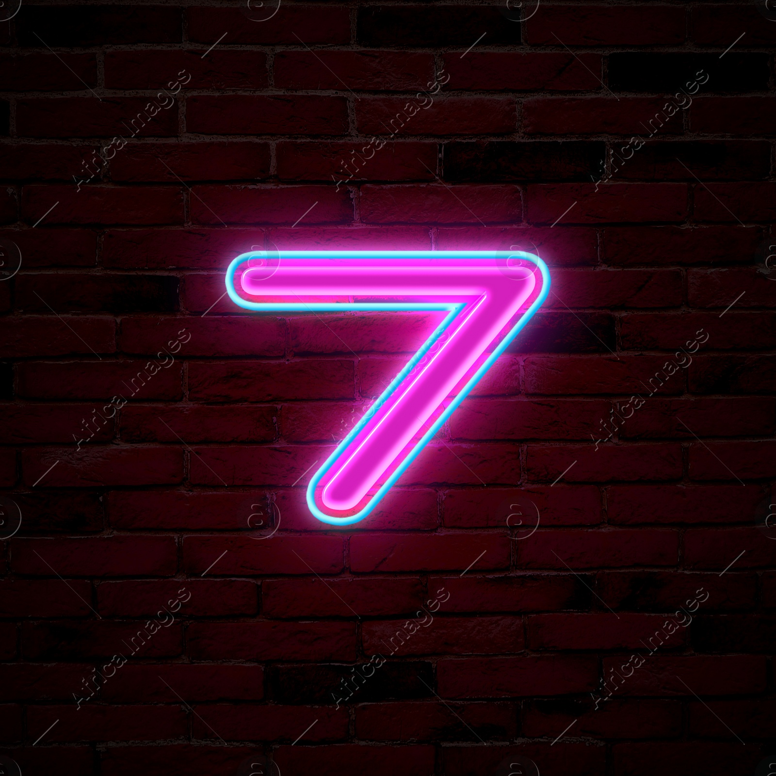 Image of Glowing neon number 7 sign on brick wall