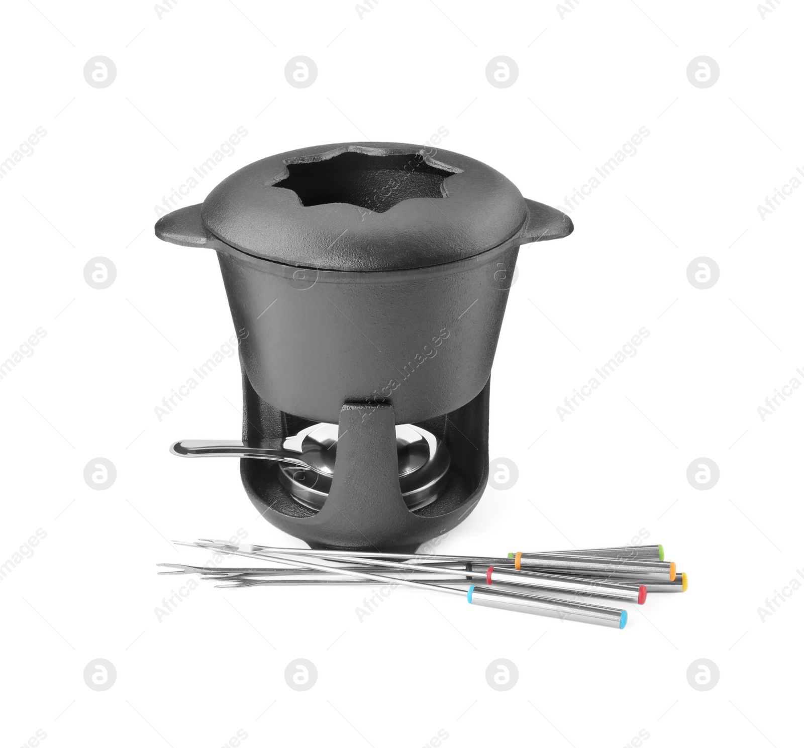 Photo of Fondue set isolated on white. Cooking utensils