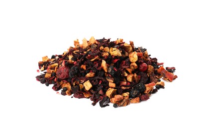 Pile of dried herbal tea leaves with fruits on white background