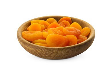 Photo of Wooden bowl with tasty dried apricots isolated on white