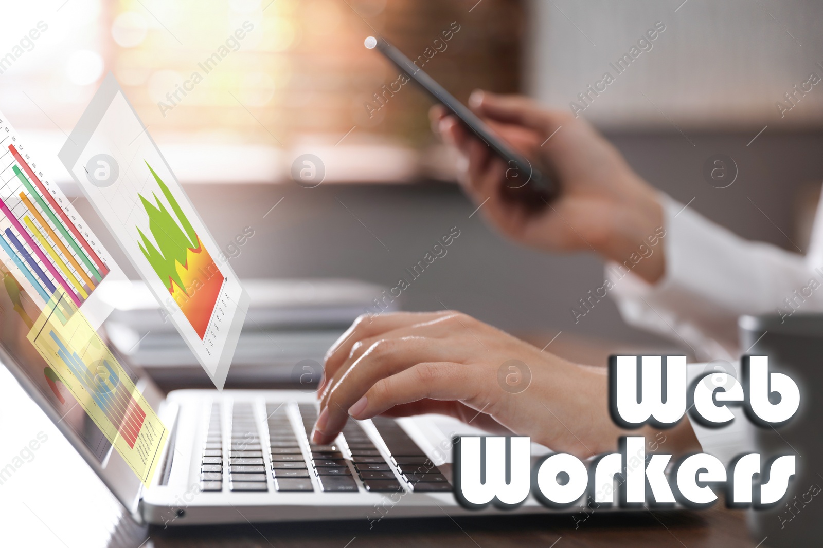 Image of Woman working with laptop at table in office. Web workers