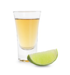 Photo of Shooter in shot glass and lime wedge isolated on white. Alcohol drink