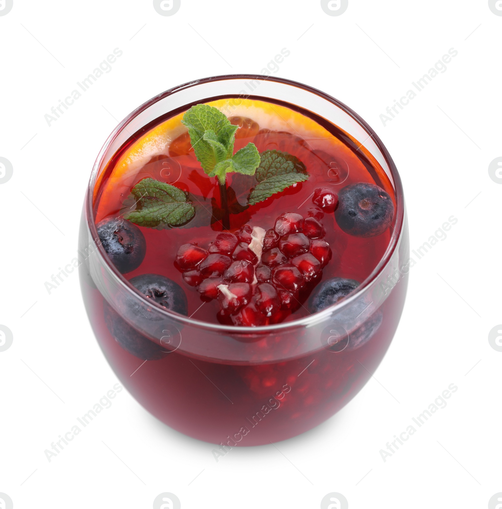 Photo of Aromatic Sangria drink in glass isolated on white