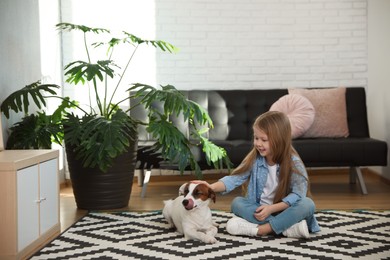 Photo of Cute little girl with her dog on carpet at home, space for text. Childhood pet