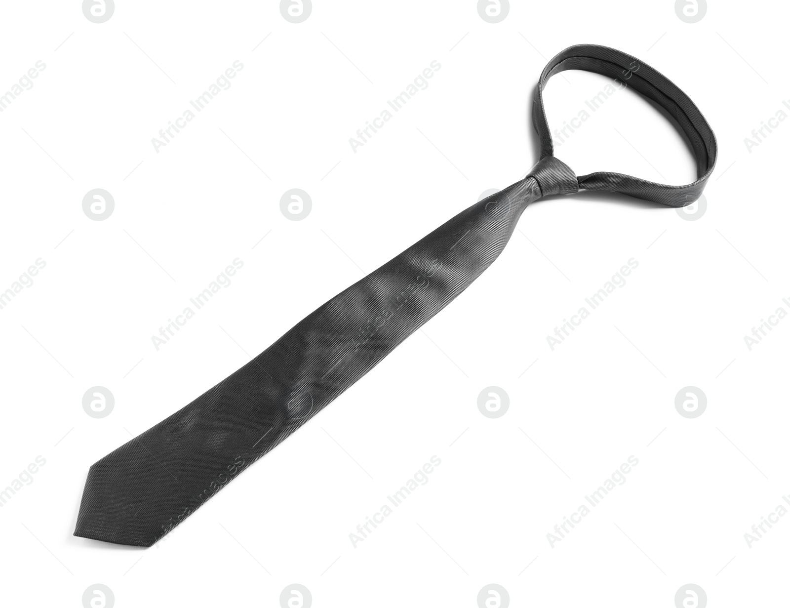 Photo of One grey necktie isolated on white, above view