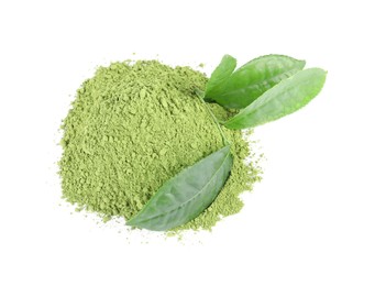 Photo of Pile of green matcha powder and leaves isolated on white