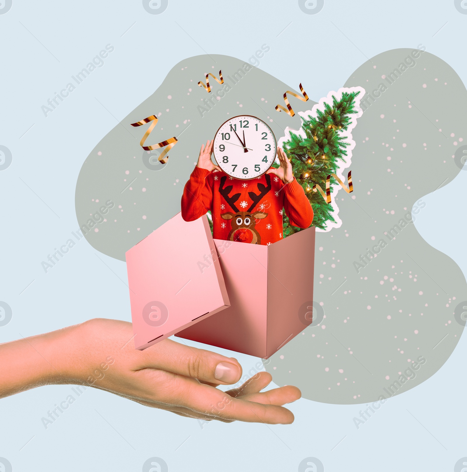 Image of Christmas art collage. Man with clock head and fir tree popping out of gift box on woman's hand against color background