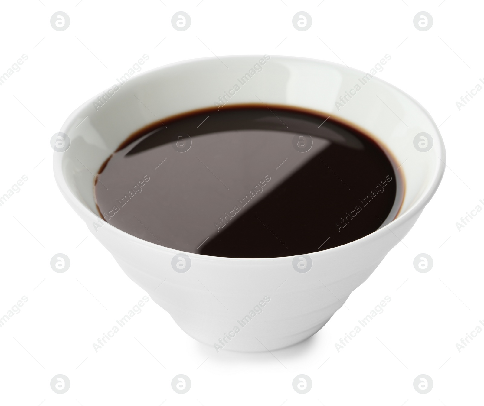 Photo of Bowl of soy sauce on white background