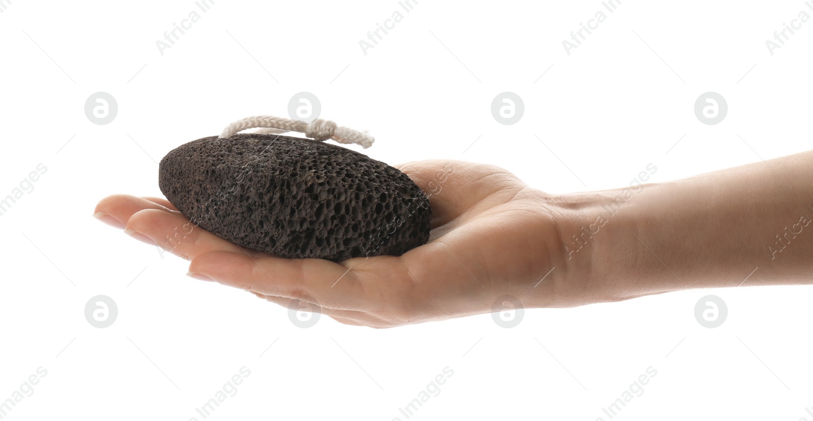 Photo of Woman holding pumice stone on white background, closeup