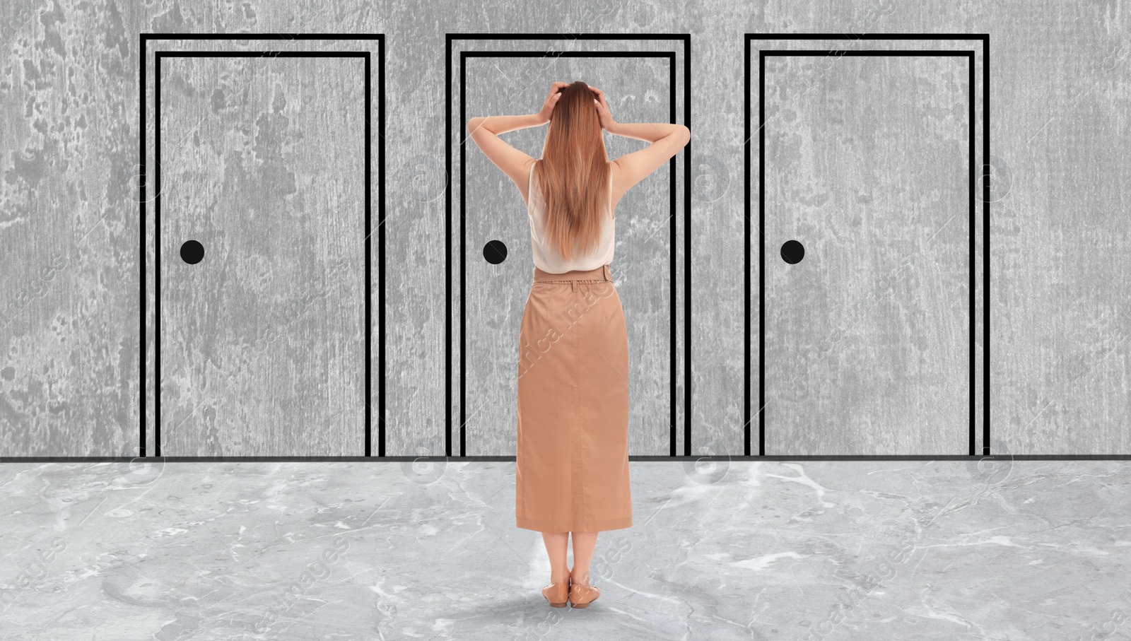 Image of Woman standing in front of drawn doors, back view. Banner design
