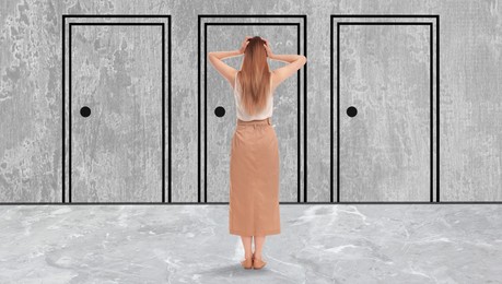 Woman standing in front of drawn doors, back view. Banner design