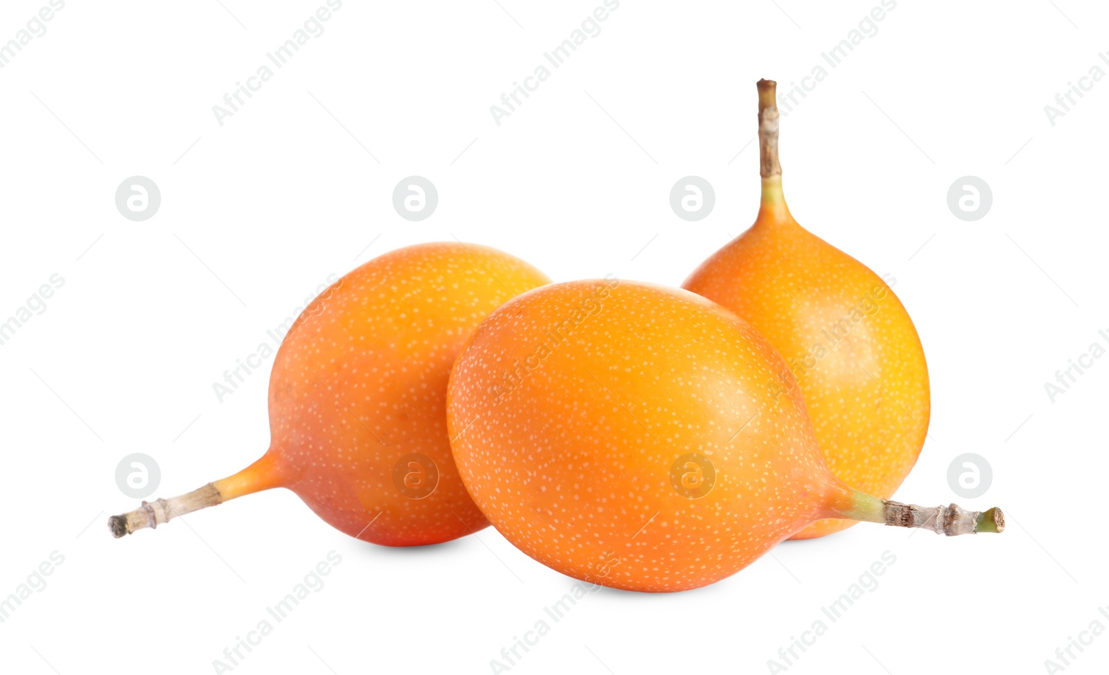 Photo of Whole delicious ripe granadillas on white background