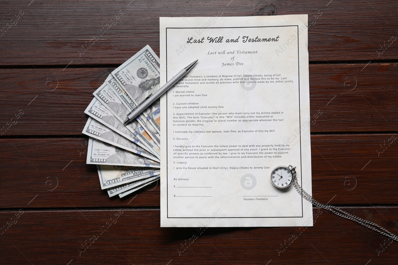 Photo of Last Will and Testament, dollar bills, pen and pocket watch on wooden table, flat lay