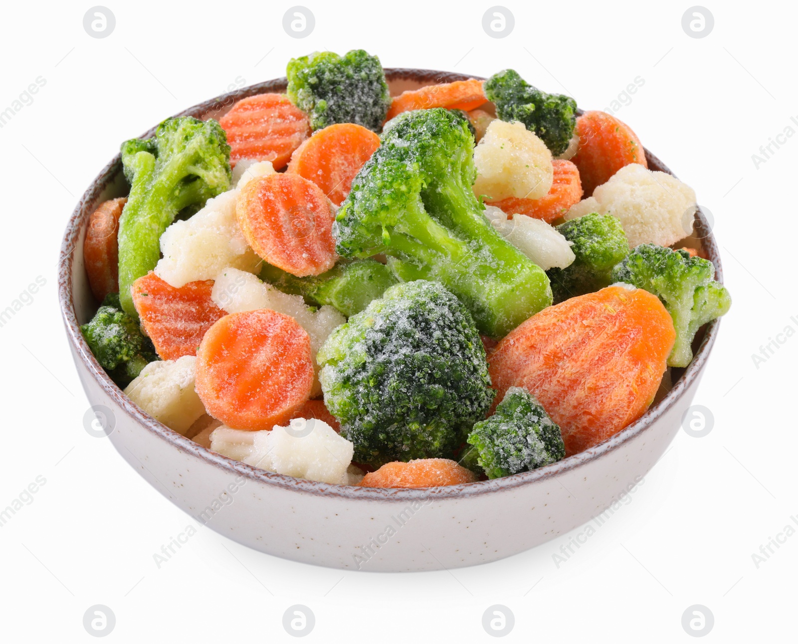 Photo of Mix of different frozen vegetables in bowl isolated on white