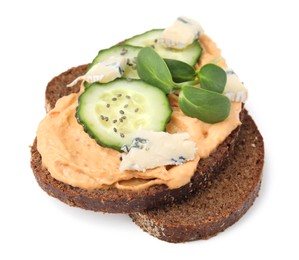 Photo of Delicious sandwich with hummus and ingredients on white background
