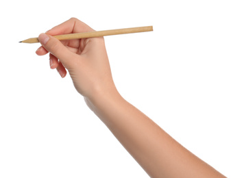 Photo of Woman holding ordinary pencil on white background, closeup