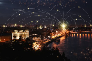 Image of Beautiful night cityscape and network connection lines. Internet technology