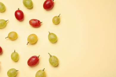 Photo of Fresh ripe juicy grapes on color background, top view. Space for text