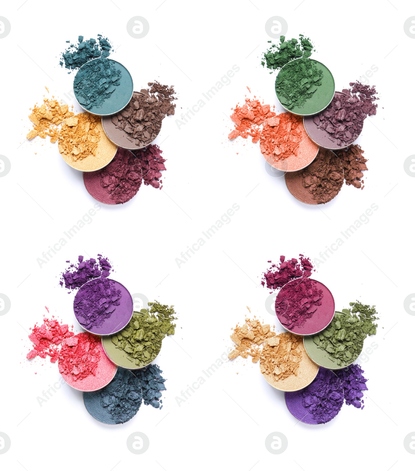 Image of Set of different crushed eye shadows on white background, top view. Bright palette