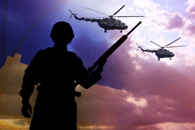 Image of Stop war in Ukraine. Military helicopters and silhouette of soldier outdoors. Double exposure of Ukrainian flag and sky