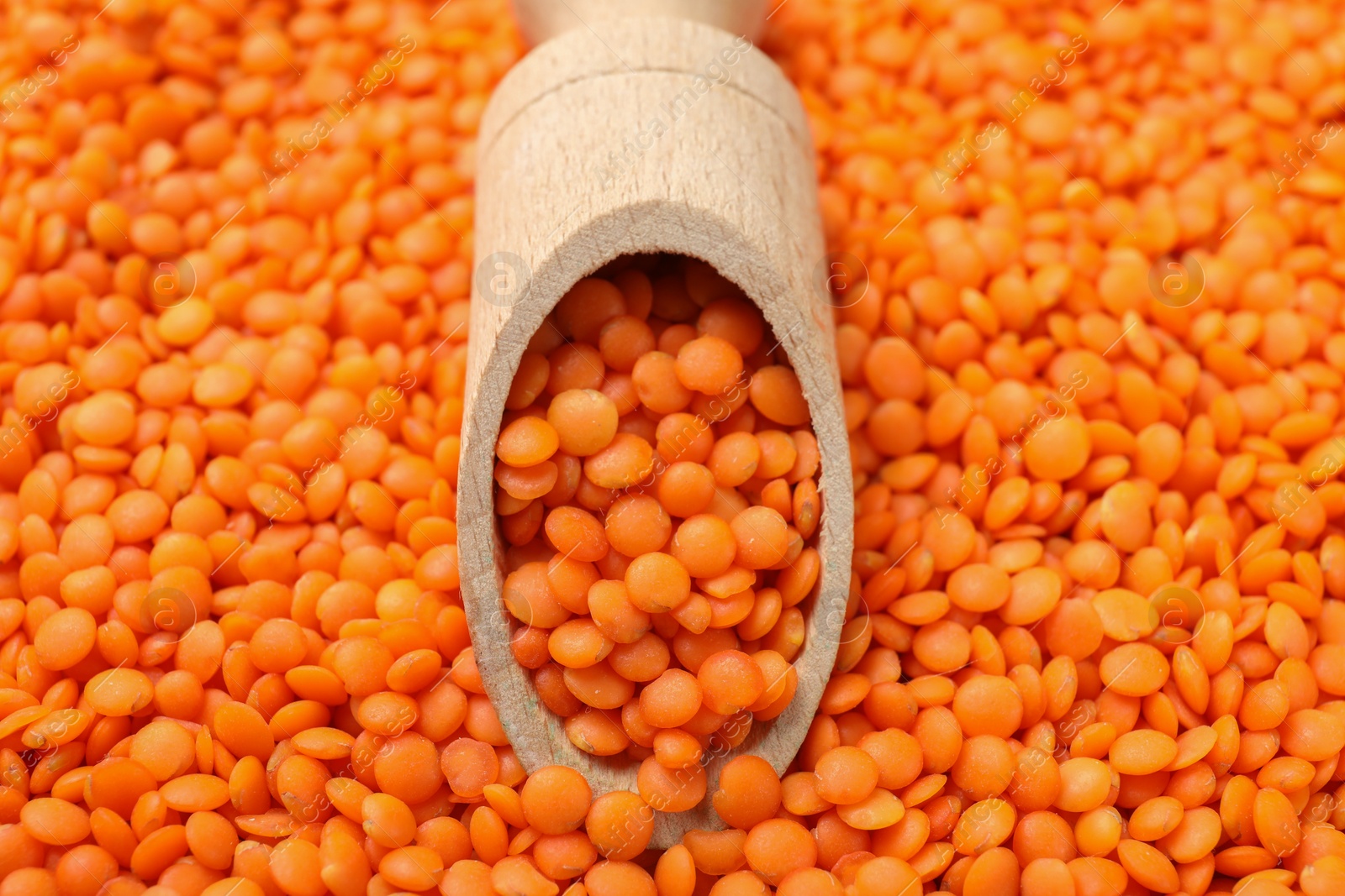 Photo of Heap of raw lentils and wooden scoop, closeup view