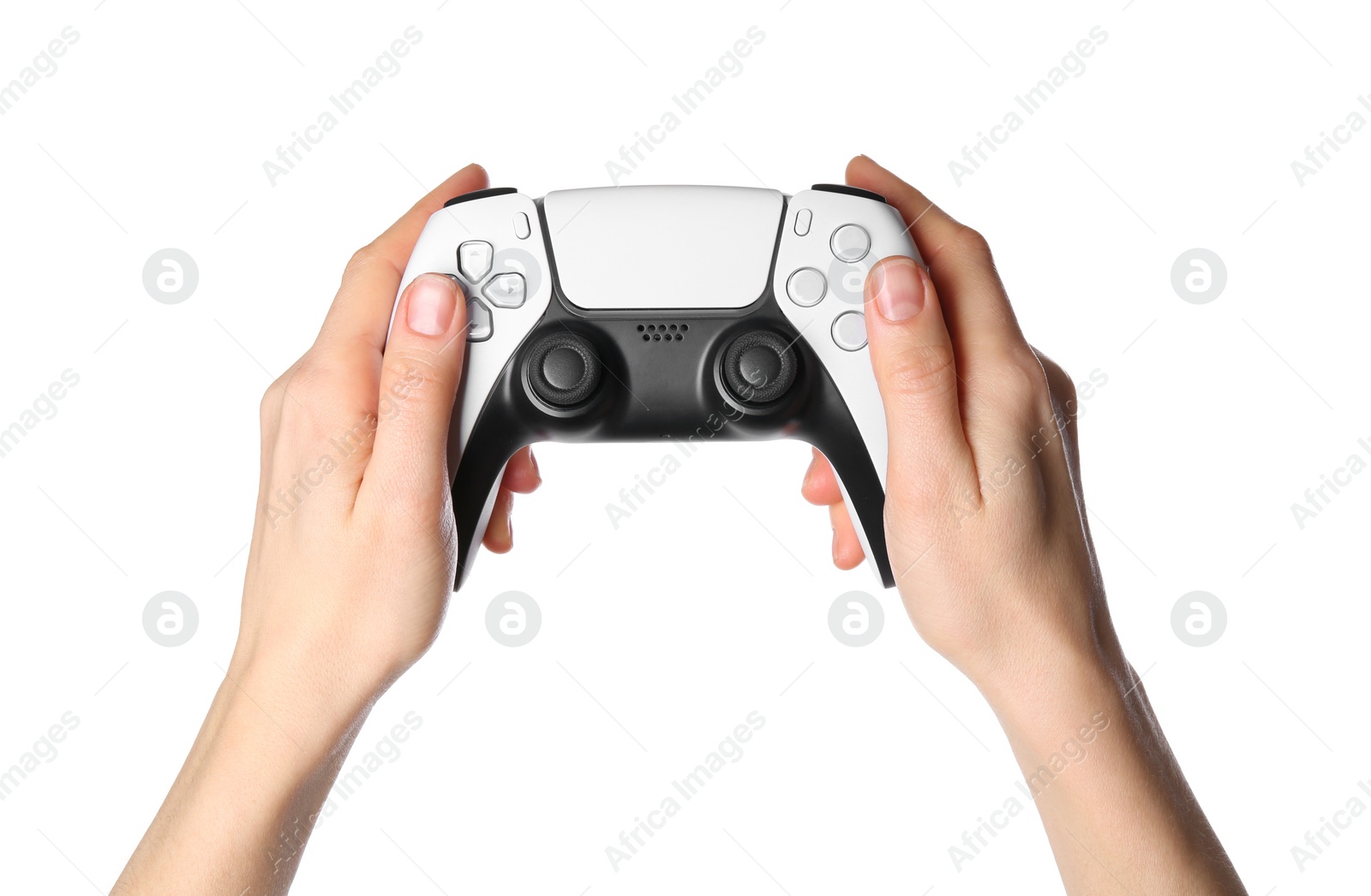 Photo of Woman with game controller on white background, closeup