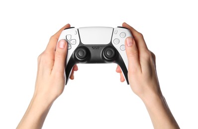 Woman with game controller on white background, closeup
