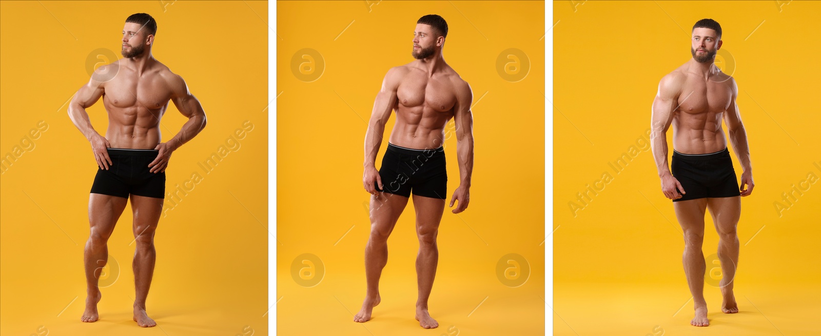 Image of Muscular man in stylish black underwear on yellow background, collection of photos