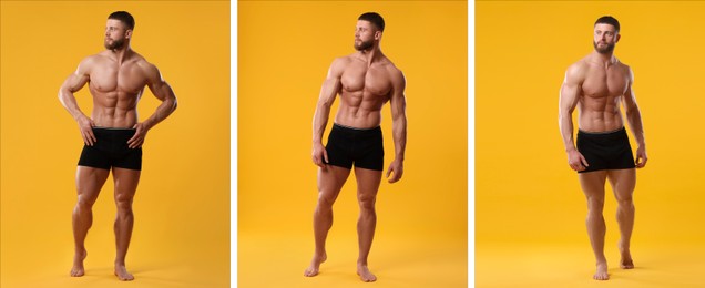 Image of Muscular man in stylish black underwear on yellow background, collection of photos