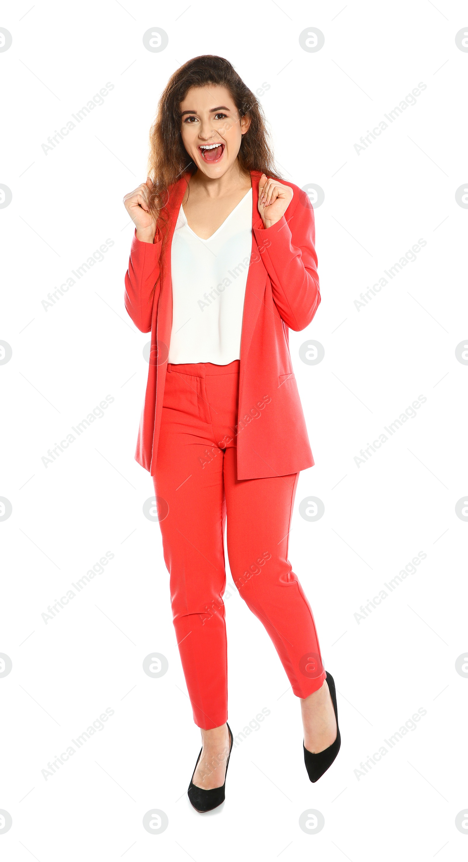 Photo of Beautiful young woman in stylish suit on white background