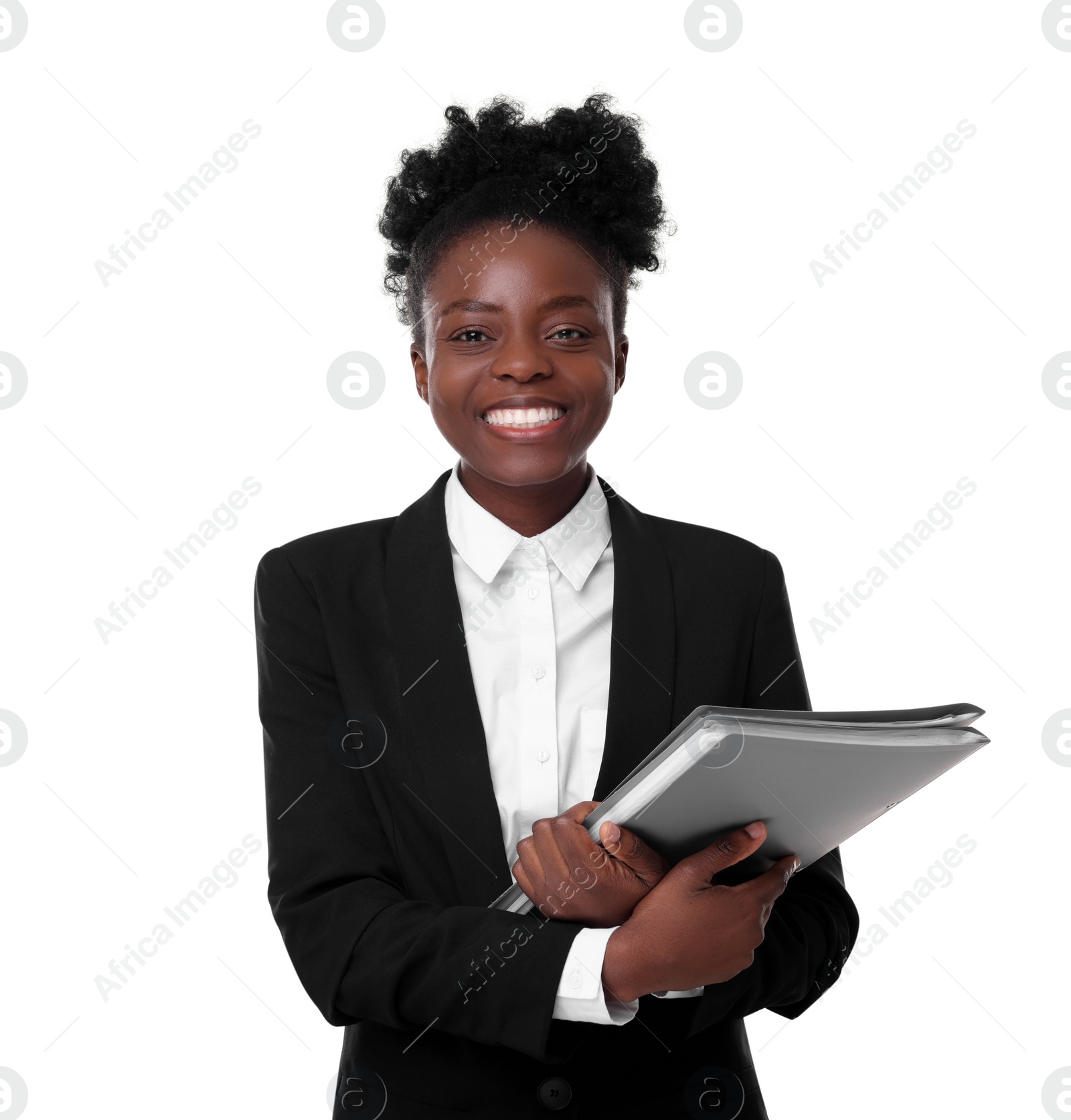 Photo of Portrait of happy woman with folders on white background. Lawyer, businesswoman, accountant or manager