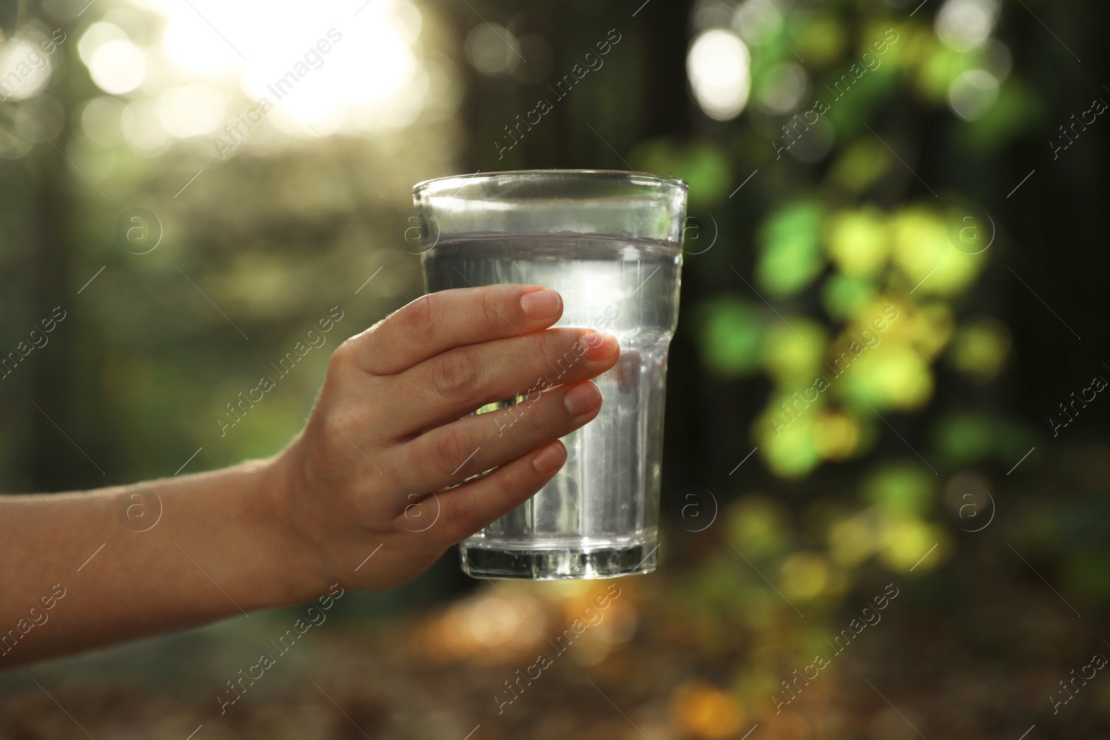 Photo of Woman holding glass of fresh water in forest, closeup