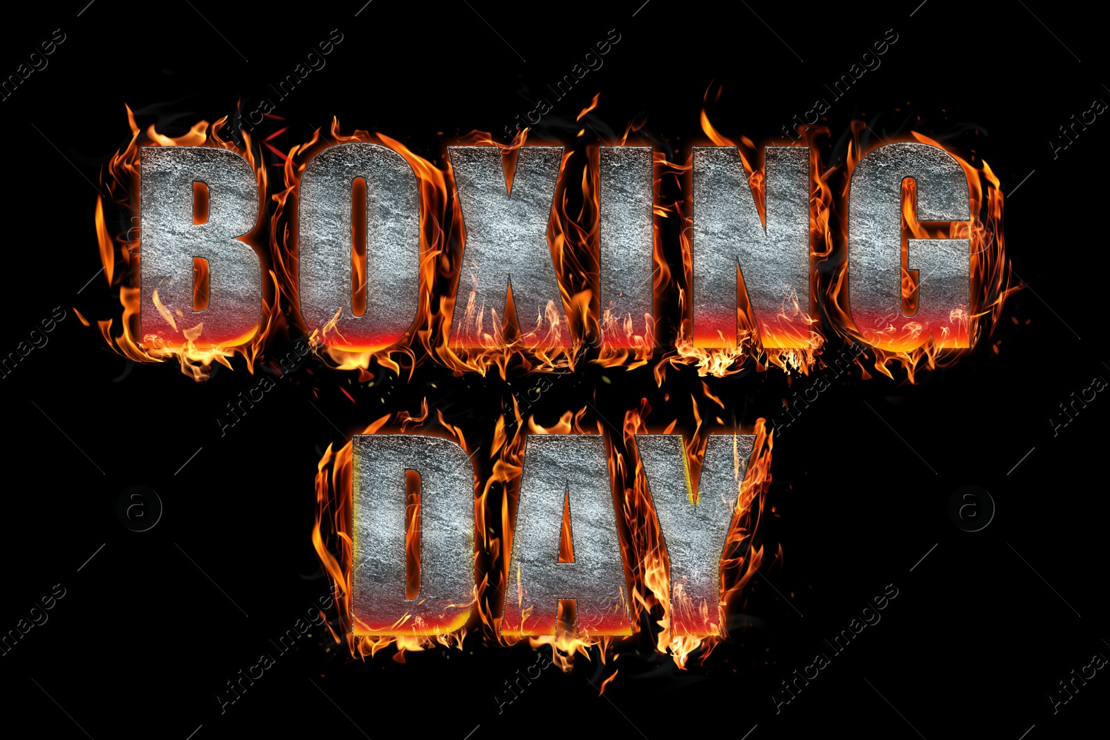 Image of Flaming text Boxing Day on black background