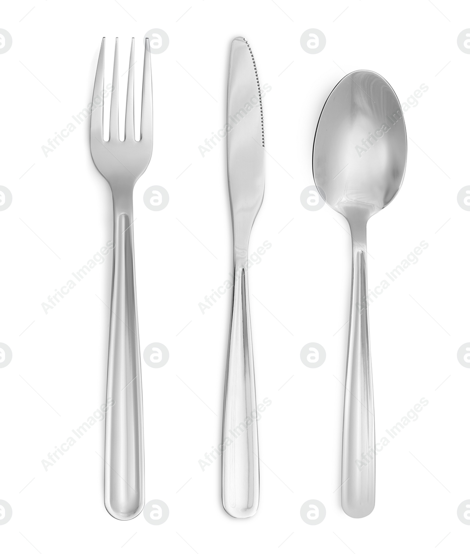 Image of Shiny silver cutlery set on white background, top view