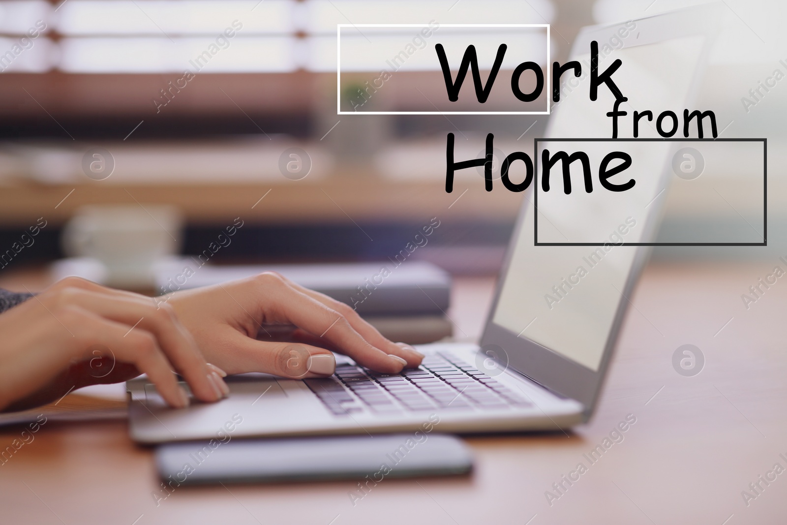 Image of Woman using modern laptop at table, closeup. Work from home