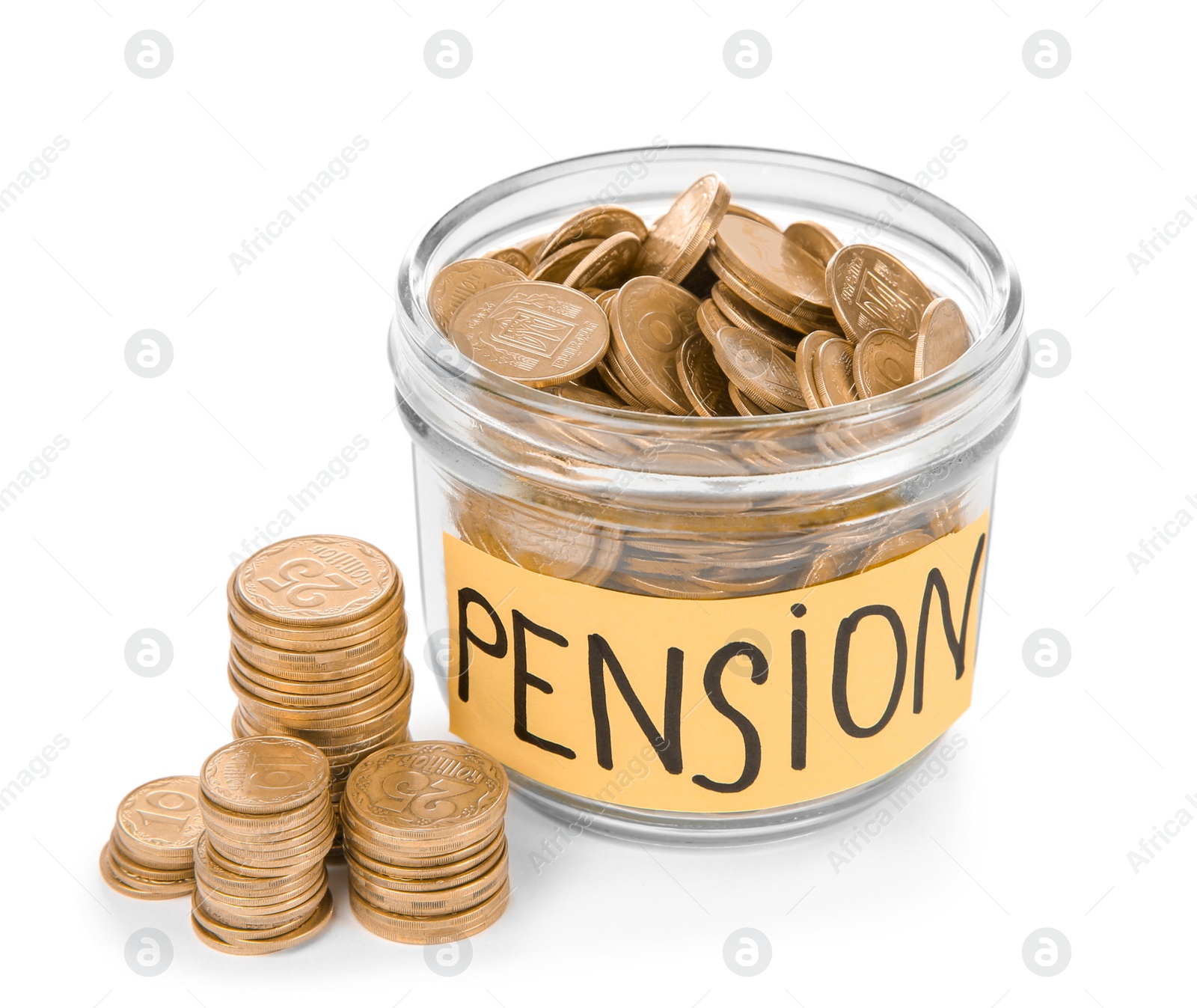Photo of Glass jar with label "PENSION" and coins on white background
